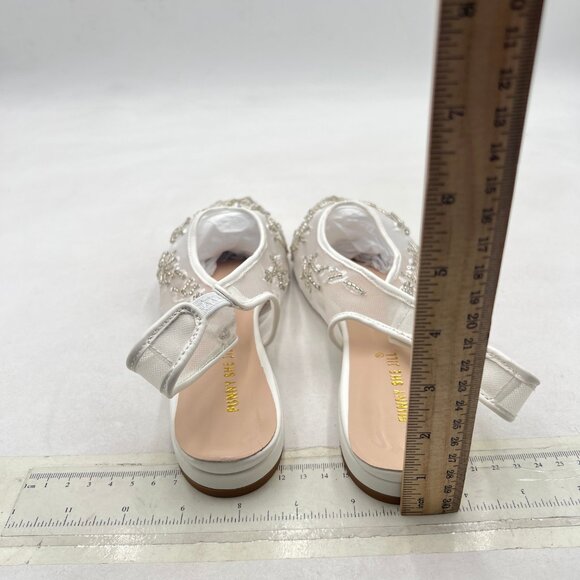 White Mesh Pearl Bridal Slingback Pump Pointed Toe Slip On Low Heel Wedding Shoe - Picture 4 of 7